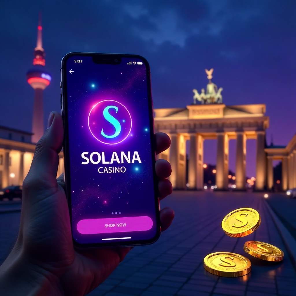 A hand holding a sleek futuristic smartphone displaying the official Solana Casino Germany app with a vibrant purple and cyan interface, background is the Berlin skyline with the Brandenburg Gate and TV Tower at night, 3D Solana logo coins and golden poke